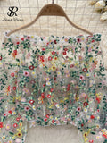 Runhufu Fashion Mesh Embroidery Cropped Top Transparent Design Slash Neck Off Shoulder 2024 Summer Women Casual Loose Blouse