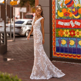 Runhufu Lace Appliques Mermaid Wedding Dress Sheer V-Neck Sleeveless Open Back Bridal Gown For Women Custom Made Robe De Mariée