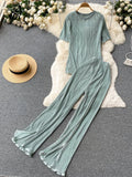 Runhufu Pleated Fashion Solid Set Women Loose O Neck Tops Elastic Waist Split Wide Leg Long Pants Ladies Elegant Two Piece Set