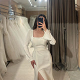 Runhufu Luxury Mermaid Wedding Dresses Square Collar Long Sleeves High Side Slit Bridal Gowns Pure Satin 2024 Bride Dress