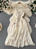 Runhufu Senior Lace Sling Sundress V Neck Backless Hook Flower Hollow Out Elastic Tassels Long A Line Streetwear Maxi Dress