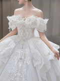 Runhufu New Luxury Off The Shoulder Wedding Dress Lace Applique Boat Neck Bridal Dress Ball Gown Vestido De Noiva With A Big Tail