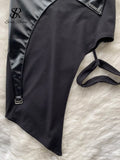 Runhufu Female PU Leather Sexy Skirt Patchwork Elastic Waist Slin Sheath Mini Skirt Streetwear Korean Club Sensual Skirts