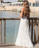 Runhufu Lace Spaghetti Straps Tulle Boho Wedding Dress Sleeveless A Line Backless V-Neck Bridal Gowns Beach Summer