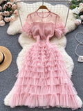 Runhufu French Sweet Lace Hollow Out Dress 2024 Summer Short Sleeve O Neck Long Dress Women Elastic Waist Sheath Cake Dress