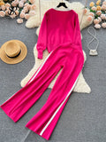 Runhufu Fashion Knitted Women Suits Single Breasted V Neck Cardigan+Wide Legs Long Pants Autumn High Street Loose Sweater Sets