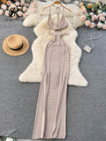 Runhufu Spaghetti Strap Knitted Beach Long Dress Summer Vintage Hollow Out Sheath Sundress 2024 Elastic Backless Sexy Dress