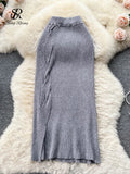Runhufu Women Solid OL Knitted Skirt 2024 Temperament High Waist Cross Design Fashion Bodycon Winter Midi Long Sweater Skirt