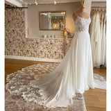 runhufu A Line Wedding Dress 2023 Scoop Neck Spaghetti Straps Lace Appliqued Chiffon Beach Bridal Gowns Suknia ślubna