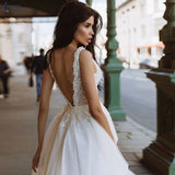 Runhufu Elegant Long V-Neck Wedding Gowns Sleeveless Appliques Flowy Tulle Backless Bridal Dresses Sexy Wedding Dress For Women