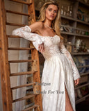 Runhufu Beach Full Lace Wedding Dresses For Bride Removable Long Sleeves Leg Slit Flowers Wedding Gowns Princess Bridal Gowns