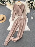 Runhufu Winter Casual Knitted Two Pieces Suits V Neck Long Sleeve Sweater+ Elastic Casual Long Pants Sets Women Sweater Sets