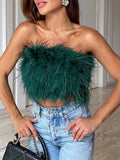 Runhufu Vintage Furry Feathers Bandeau Tube Tops Summer Chic Women Off-Shoulder Crop Tank Tops Strapless Backless Bustiers Tops