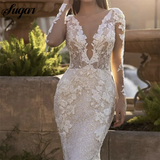 Runhufu Appliques Wedding Gown Sequins Mermaid Wedding Dress V-Neck Long Sleeve Backles Sweep Train Bride Gown Vestidos De Noiva