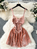 Runhufu Strap Sexy Velvet Dress Fashion Senior Pearls Sleeveless Slim Women Lace Hollow out Backless High Quality Mini Dress