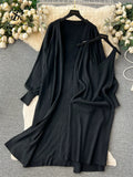 Runhufu Autumn Solid Knitted Two Pieces Suits Loose Cardigan+V Neck Tank Bodycon Mini Slim Skirt Women Streetwear Sweater Sets