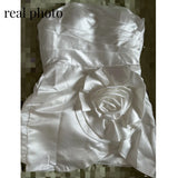 Runhufu Short Wedding Dresses With Big Flower Sexy Strapless Sleeveless Birthday Party Dress Fashion Simple Satin Suknia Slubna