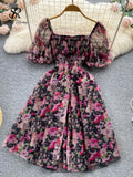 Runhufu Splice Mesh Floral Print Dress Women Summer 2024 Slim Elastic Waist Square Neck Gentle Ladies A Line Sweet Dresses