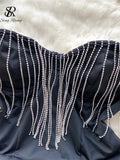 Runhufu Women Sexy Bodysuits 2024 Fashion Strapless Beading Rompers Autumn Sleeveless Tassels Design Skinny Club Playsuits