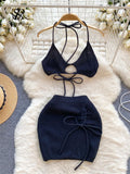 Runhufu Hotsweet Female Beach Suits Strapless Halter Sexy Camis+Drawstring Basics Slim Skirt Fashion Knitted Two Pieces Suit