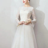 Runhufu Simple Bridal Dress With Bow Belt Classic O-neck Wedding Dresses With Long Sleeve Elegant Lace Tulle A Line Robe De Marie