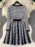 Runhufu Houndstooth Knitted A Line Dress O Neck Full Sleeve Buttons Women Korean Style Streetwear Fashion Winter Sweater Dress