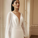 Runhufu Elegant Mermaid Wedding Dresses V-Neck Puff Sleeve Glitter Bridal Gowns Boho Beach Evening Wedding Prom Gowns Custom Size