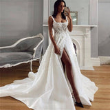 Runhufu Ladies Wedding Dress Lace Applique Beach Bridal Dress Satin Elegant Princess Robe Open Back Spaghetti Straps 2023 Side