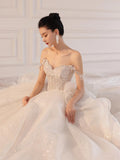 runhufu New Luxury Sling Wedding Dress Boat Neck Glittery Pearls Lace Bridal Dress Ball Gown Vestido De Noiva Plus Size Made Custom