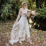 Runhufu Open Back Pant Suit Wedding Party Bride Gowns V-neck Applique Lace Long Sleeves Bridal Wedding Dresses Cheap New Dress