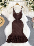 Runhufu Summer Hollow Out Sexy Dress American INS Strap Slim Fit Ruffles Bodycon Design Solid V-Neck Sleeveless Knitted Dress