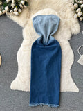 Runhufu Summer Gradient Strapless Sexy Denim Dress Women Sleeveless Bodycon Jeans Sundress Fashion Split Backless Long Dress