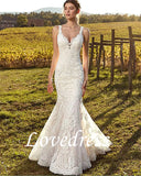 Runhufu V-Neck Mermaid Wedding Dress 2024 Lace Boho Sleeveless Bride Gown Customized Buttons Pleats Illusion Back Vestido De Novia