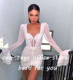 runhufu Modern Mini Mermaid Chiffon Wedding Dresses Sweetheart Long Sleeves Pleat Ruched Short Wedding Gown Bridal Gowns