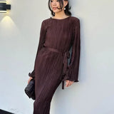 Runhufu and The United States Dresses Women's Models Fall New Round Neck Tie Flare Long-sleeved Long Section Pleated Long Skirt