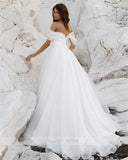 Runhufu Off Shoulder Tiered Wedding Dresses Sleeveless Wedding Gowns Backless A-line Court Bridal Gown vestido de novia