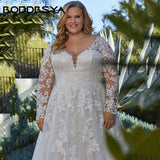 Runhufu Elegant Wedding Dresses For Woman Plus Size Long Sleeves Applique Bride Gowns A-Line V-Neck Tulle vestidos de novia