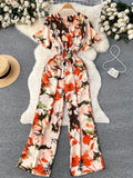 Runhufu Beach Summer Floral Jumpsuits Fashion V Neck Elastic Slim Short Sleeve 2024 Streetwear Vacation Retro Long Rompers