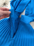 Runhufu Vacation Halter Pleated Dress Hollow Out Backless Solid Women Sexy Chic Sundress Irregular Long Beach Party Vestidos