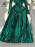 Runhufu High Quality Spring Party Long Dress V Neck Long Sleeves Zipper Design A Line Pleated Chic Shiny Backless Dress