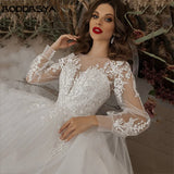 Runhufu Ivory Wedding Dresses Long Sleeve Appliques Lace Up Scoop Neck A-Line Tulle Boho Bride Gown 2024 vestido de noiva Beach