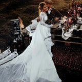 Runhufu Lace Sleeves Bohemian A Line Chiffon Wedding Dress Scoop Neck Buttons Modest Custom Made Plus Size Boho Hippie Bridal Gowns