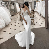 Runhufu Long Lace Sleeves Mermaid Wedding Dresses With Appliques V Neck Detachable Tulle Train Bridal Grown 2023 Robe De Mariée