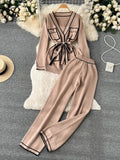Runhufu Fashion Sweater Two Pieces Sets Ladies Long Sleeve Knit Cardigan+Wide Leg Long Pant Sets Women OL Loose Knitted Suits
