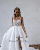 Runhufu Country Beach Wedding Dress Lace SoftTulle A Line Princess Wedding Gowns Boho Slit Backless Bride Formal Bridal Gown