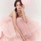 Runhufu Pink Ball Gown Wedding Dresses Classic Sexy Strapless Vestidos De Novia With Small Train Fashion Tiered Suknia Slubna