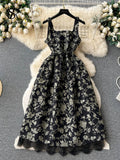 Runhufu Temperament Embroidery Lace Dress Women Zipper Belt Off Shoulder Sleeveless French Floral Spaghetti Strap Long Dress