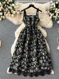 Runhufu Temperament Embroidery Lace Dress Women Zipper Belt Off Shoulder Sleeveless French Floral Spaghetti Strap Long Dress