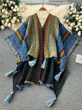 Runhufu Bohemian Loose Cardigan Bat Cloak Tassel Design Print Fashion Knitted 2024 Autumn Retro Tour Irregular Oversize Coat
