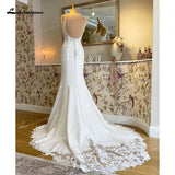 runhufu Boho Mermaid Wedding Dress For Women Sexy Scoop Neck Spaghetti Straps Backless Button Lace Appliques Bride Gown